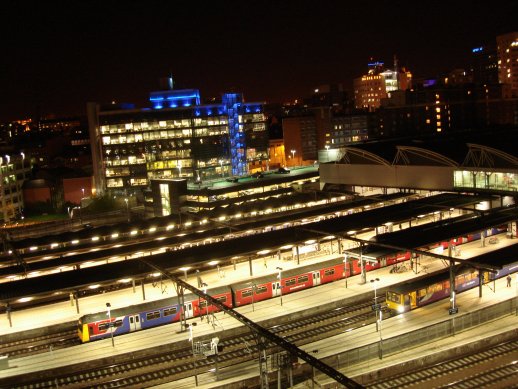 Looking out onto a quiet Leeds station at 1am.