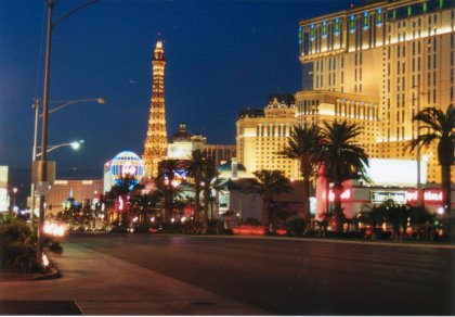 Evening time in Vegas looking past the lost Travelodge to the impressive Paris Paris.